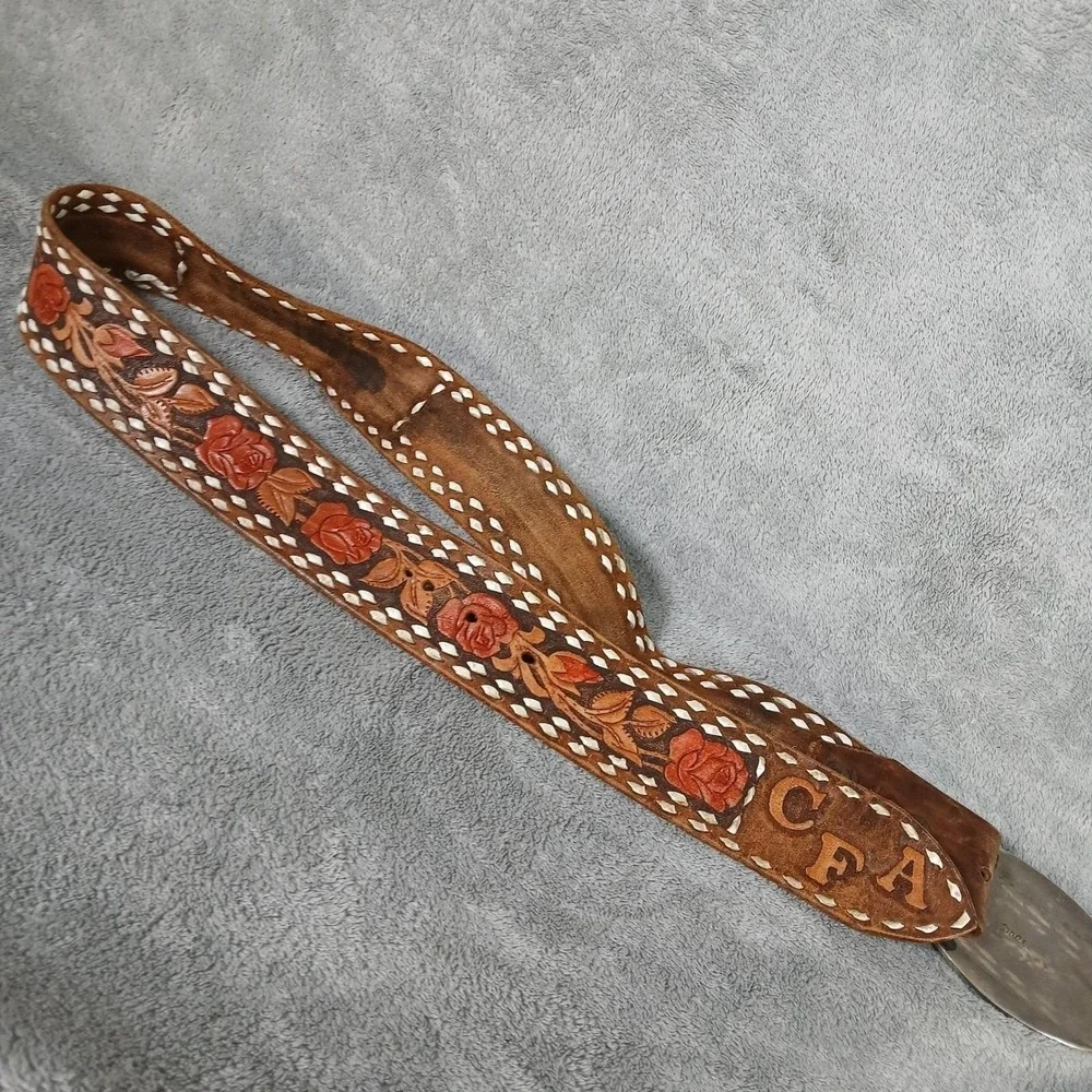 Vintage Dale Western Belt & Buckle Mens Floral Tooled Leather Inlay Chip 